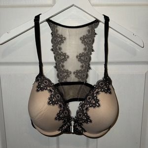 Victoria’s Secret Dream Angels Lined Demi Bra Nude Black Lace 34DDD Front Clasp